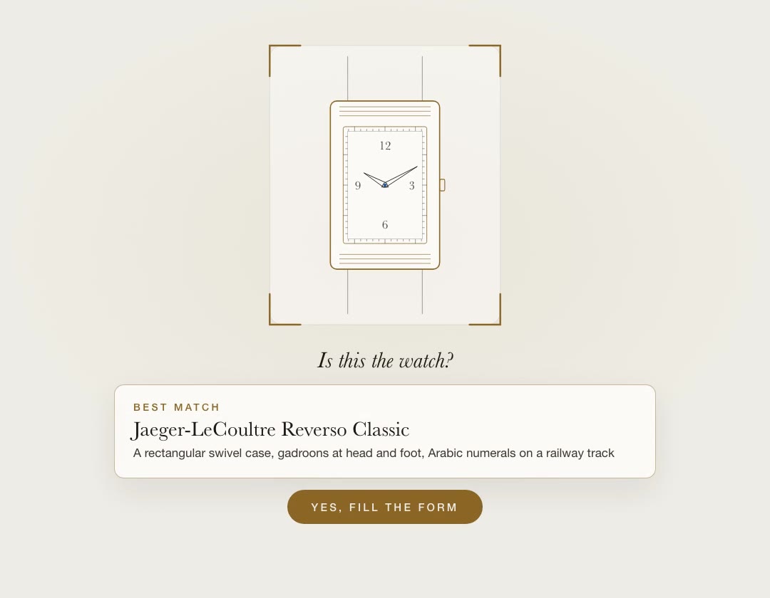 Drawn in the house: a Reverso held in a camera's viewfinder, and beneath it the app's question, Is this the watch? — best match, Jaeger-LeCoultre Reverso Classic, with its reasons and the act Yes, fill the form.