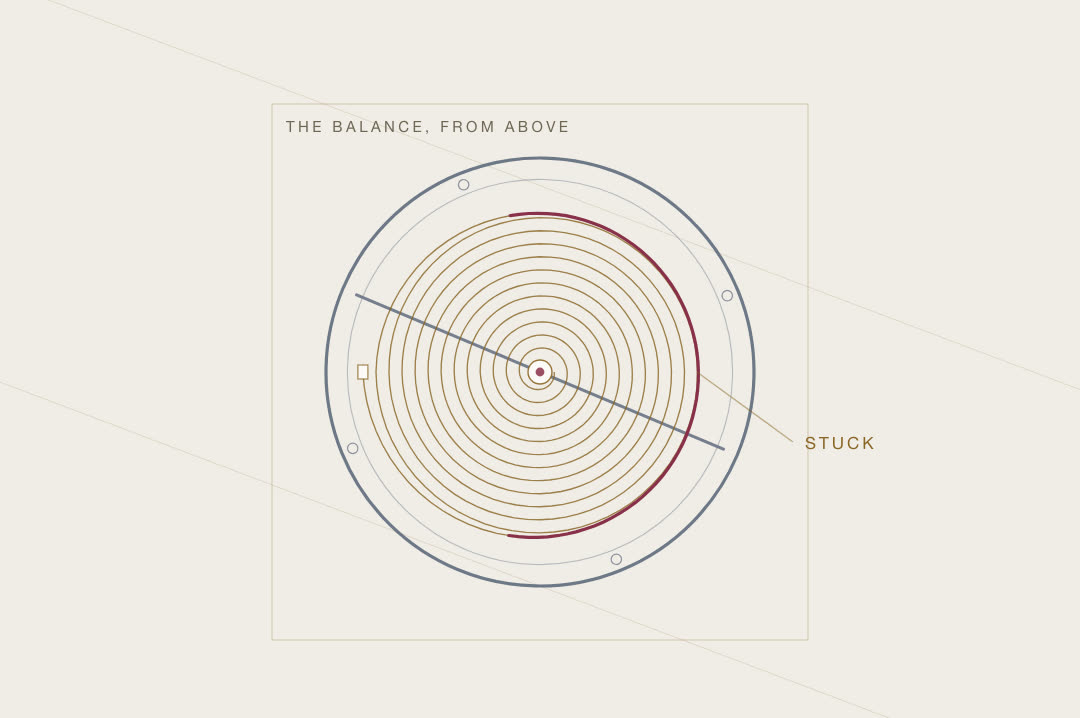 A balance wheel drawn from above, its hairspring an Archimedean spiral in a gilt hairline, the two outer coils pulled together and touching, marked in ruby.