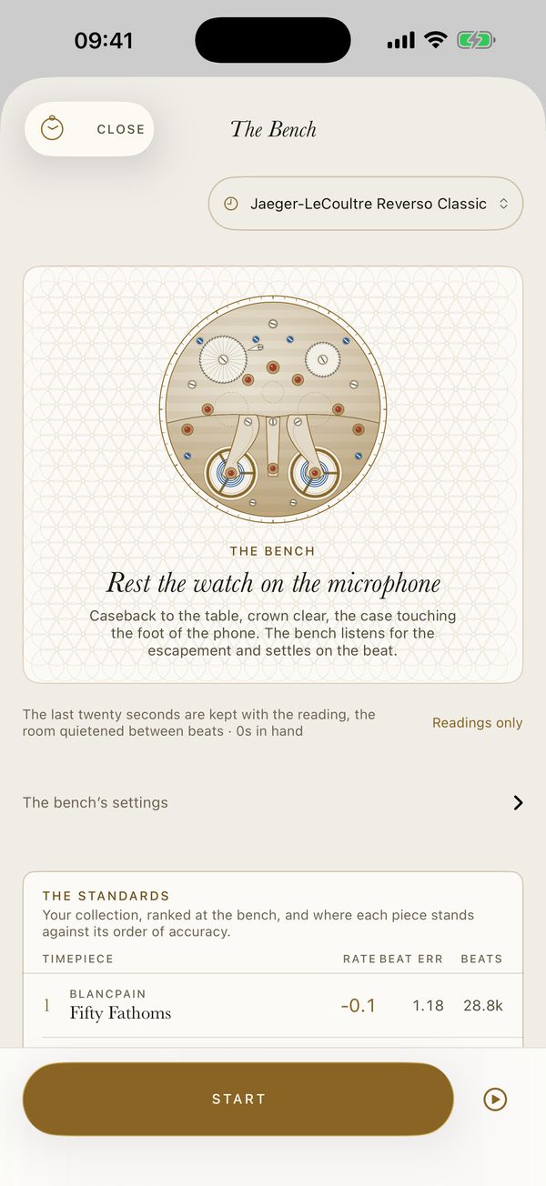 The bench: a Jaeger-LeCoultre Reverso Classic chosen, its calibre drawn, and the instruction Rest the watch on the microphone.
