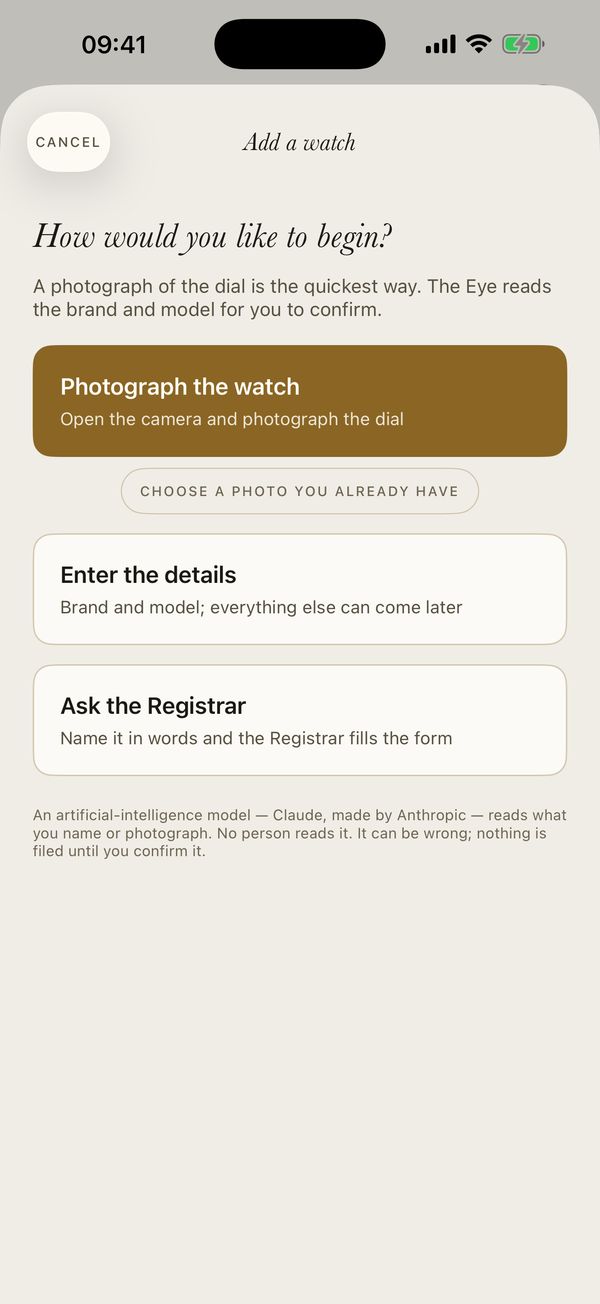 Add a watch: How would you like to begin? Photograph the watch, choose a photo you already have, enter the details, or ask the Registrar.